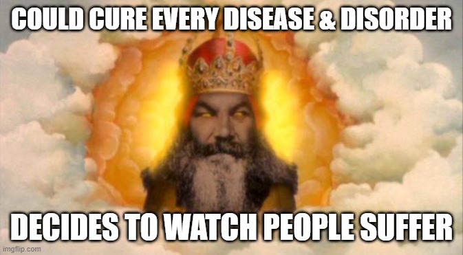 Evil God |  COULD CURE EVERY DISEASE & DISORDER; DECIDES TO WATCH PEOPLE SUFFER | image tagged in monty python god,atheism,anti-religion,god,religion,atheist | made w/ Imgflip meme maker