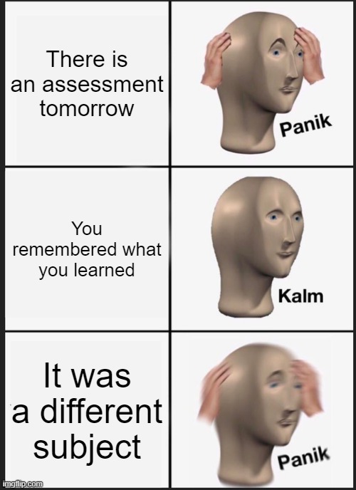 Panik Kalm Panik | There is an assessment tomorrow; You remembered what you learned; It was a different subject | image tagged in memes,panik kalm panik | made w/ Imgflip meme maker