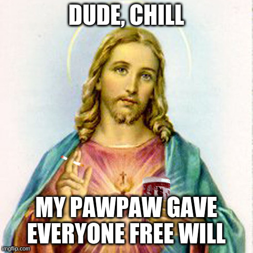 Jesus with beer | DUDE, CHILL; MY PAWPAW GAVE EVERYONE FREE WILL | image tagged in jesus with beer,memes | made w/ Imgflip meme maker