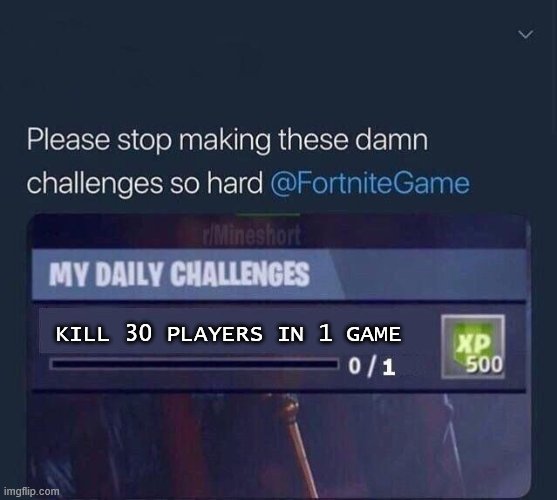 Fortnite Challenge | KILL 30 PLAYERS IN 1 GAME | image tagged in fortnite challenge | made w/ Imgflip meme maker