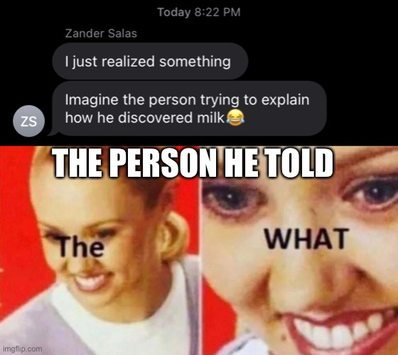 You did what | THE PERSON HE TOLD | image tagged in the person who discovered milk,the what | made w/ Imgflip meme maker
