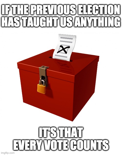 Don't miss out. All registered voters have the right to pick our next government. Vote! | IF THE PREVIOUS ELECTION HAS TAUGHT US ANYTHING; IT'S THAT EVERY VOTE COUNTS | image tagged in but,preferably,vote,for,the,rup | made w/ Imgflip meme maker