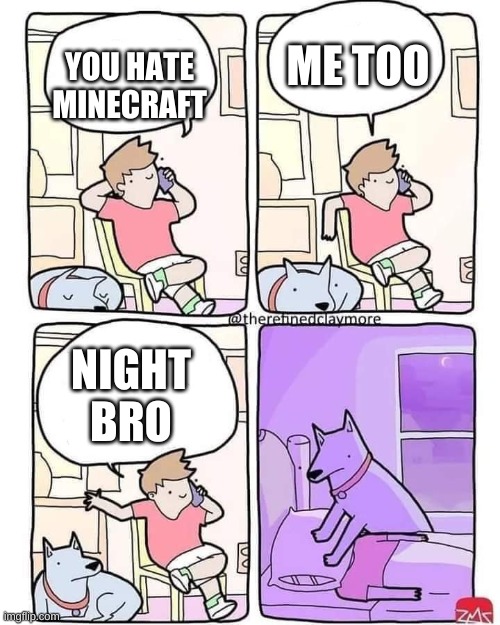 who hates minecraft? | ME TOO; YOU HATE MINECRAFT; NIGHT BRO | image tagged in dog smothers owner | made w/ Imgflip meme maker