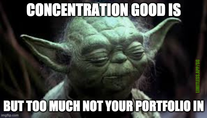"Diversify you must portfolio your" - Yoda | CONCENTRATION GOOD IS; LIMITLESS.APP/SG; BUT TOO MUCH NOT YOUR PORTFOLIO IN | image tagged in yoda concentrates,limitless,personal finance,diversification,investment,compound interest is the force | made w/ Imgflip meme maker
