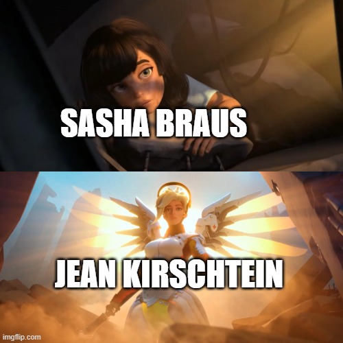 When Sasha Braus got oof in season 2 Jean help | SASHA BRAUS; JEAN KIRSCHTEIN | image tagged in overwatch mercy meme,attack on titan | made w/ Imgflip meme maker