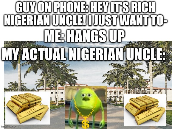 Imagine if this actually happened! | GUY ON PHONE: HEY IT'S RICH NIGERIAN UNCLE! I JUST WANT TO-; ME: HANGS UP; MY ACTUAL NIGERIAN UNCLE: | image tagged in mike wazowski,nigerian prince,scam | made w/ Imgflip meme maker