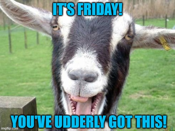 Goat Yes | IT'S FRIDAY! YOU'VE UDDERLY GOT THIS! | image tagged in goat yes | made w/ Imgflip meme maker