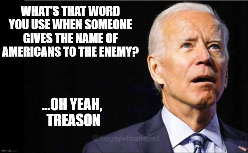 Biden | WHAT'S THAT WORD YOU USE WHEN SOMEONE GIVES THE NAME OF AMERICANS TO THE ENEMY? ...OH YEAH,
 TREASON | image tagged in joe biden,treason | made w/ Imgflip meme maker