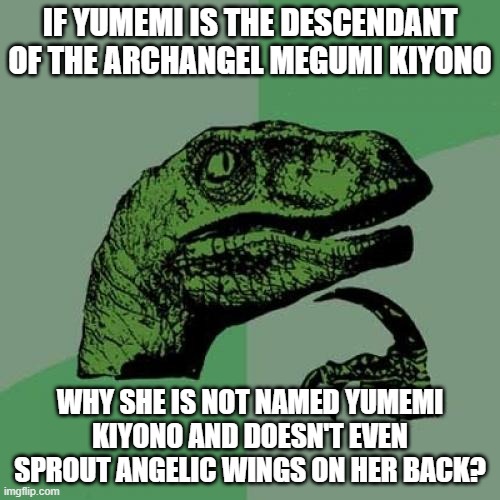 If Yumemi... | IF YUMEMI IS THE DESCENDANT OF THE ARCHANGEL MEGUMI KIYONO; WHY SHE IS NOT NAMED YUMEMI KIYONO AND DOESN'T EVEN SPROUT ANGELIC WINGS ON HER BACK? | image tagged in memes,philosoraptor,touhou,angel | made w/ Imgflip meme maker