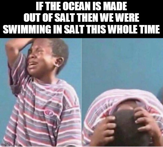 Crying kid | IF THE OCEAN IS MADE OUT OF SALT THEN WE WERE SWIMMING IN SALT THIS WHOLE TIME | image tagged in crying kid | made w/ Imgflip meme maker