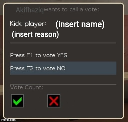 vote ban/vote kick | Akifhaziq; (insert name); (insert reason) | image tagged in vote ban/vote kick | made w/ Imgflip meme maker
