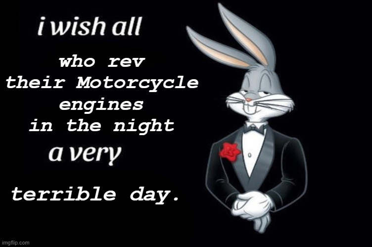 >:( |  who rev their Motorcycle engines in the night; terrible day. | image tagged in bugs bunny i wish all empty template,bugs bunny,motorcycle,night,memes,funny | made w/ Imgflip meme maker