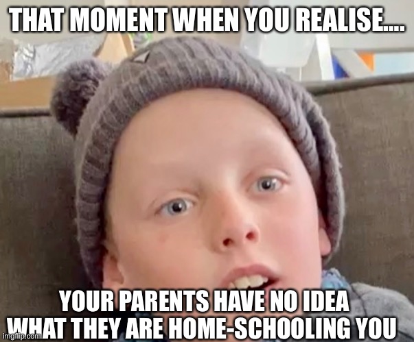 Shocked boy | THAT MOMENT WHEN YOU REALISE…. YOUR PARENTS HAVE NO IDEA WHAT THEY ARE HOME-SCHOOLING YOU | image tagged in what the heck | made w/ Imgflip meme maker