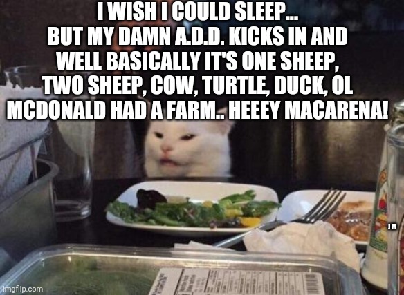 Salad cat | I WISH I COULD SLEEP... BUT MY DAMN A.D.D. KICKS IN AND WELL BASICALLY IT'S ONE SHEEP, TWO SHEEP, COW, TURTLE, DUCK, OL MCDONALD HAD A FARM.. HEEEY MACARENA! J M | image tagged in salad cat | made w/ Imgflip meme maker