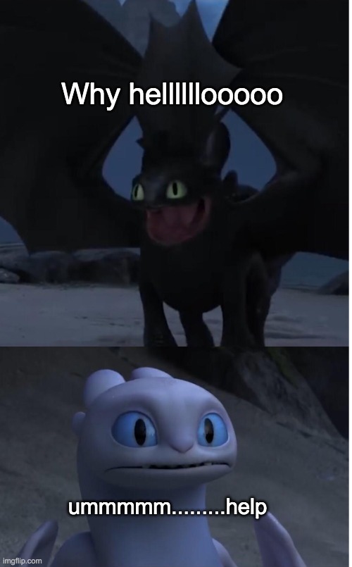 if you find this funny give a like or a comment | Why hellllllooooo; ummmmm.........help | image tagged in toothless and lightfury meme | made w/ Imgflip meme maker