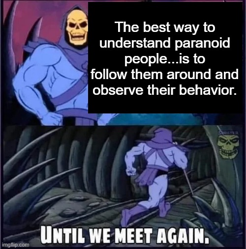 Until we meet again. |  The best way to understand paranoid people...is to follow them around and observe their behavior. | image tagged in until we meet again | made w/ Imgflip meme maker