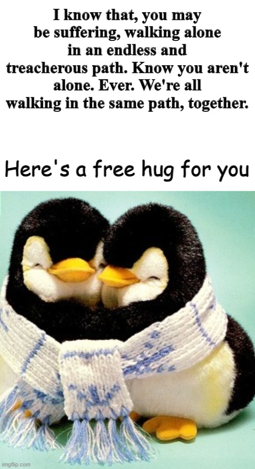 <3 | I know that, you may be suffering, walking alone in an endless and treacherous path. Know you aren't alone. Ever. We're all walking in the same path, together. Here's a free hug for you | image tagged in blank white template,oh wow are you actually reading these tags | made w/ Imgflip meme maker