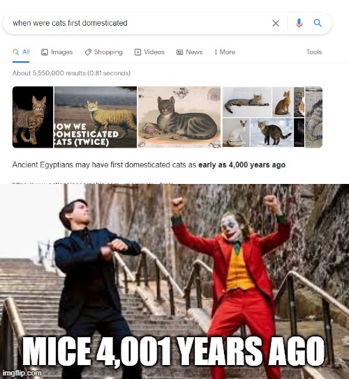  MICE 4,001 YEARS AGO | image tagged in joker and peter parker dancing,cat,mice,mouse,memes,year | made w/ Imgflip meme maker