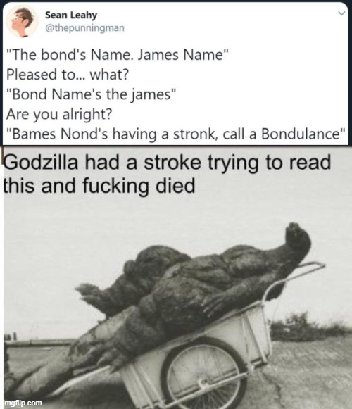 The Bond's Name. James Name. | image tagged in godzilla,james bond,godzilla had a stroke trying to read this and fricking died,tweet,oh wow are you actually reading these tags | made w/ Imgflip meme maker
