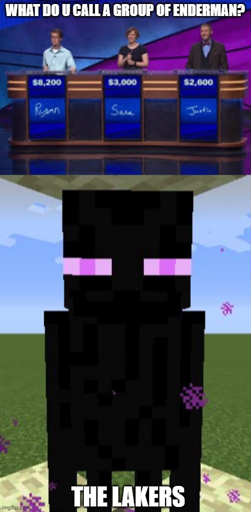 Endermen Joke | WHAT DO U CALL A GROUP OF ENDERMAN? THE LAKERS | image tagged in jeapordy contestants,enderman,lakers,minecraft,funny | made w/ Imgflip meme maker