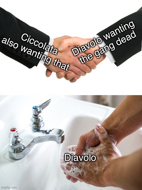 handshake washing hand | Ciccolata also wanting that; Diavolo wanting the gang dead; Diavolo | image tagged in handshake washing hand,jojo's bizarre adventure,jojo meme,jojo | made w/ Imgflip meme maker