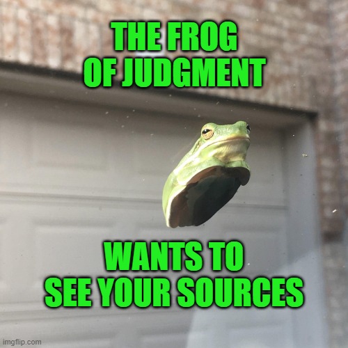 The Frog wants to see your sources | THE FROG OF JUDGMENT; WANTS TO SEE YOUR SOURCES | image tagged in frog of judgment,memes | made w/ Imgflip meme maker