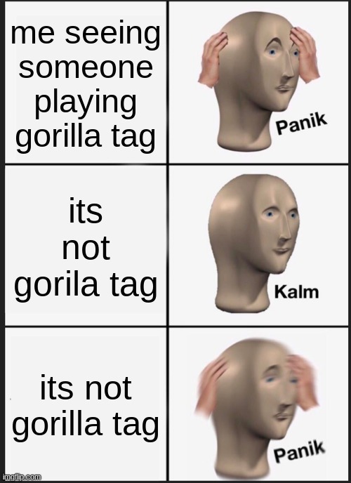Panik Kalm Panik | me seeing someone playing gorilla tag; its not gorila tag; its not gorilla tag | image tagged in memes,panik kalm panik | made w/ Imgflip meme maker