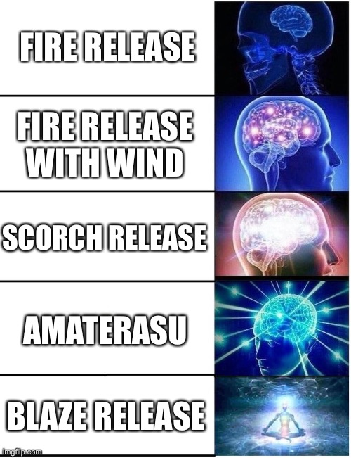 Expanding Brain 5 Panel | FIRE RELEASE; FIRE RELEASE WITH WIND; SCORCH RELEASE; AMATERASU; BLAZE RELEASE | image tagged in expanding brain 5 panel | made w/ Imgflip meme maker