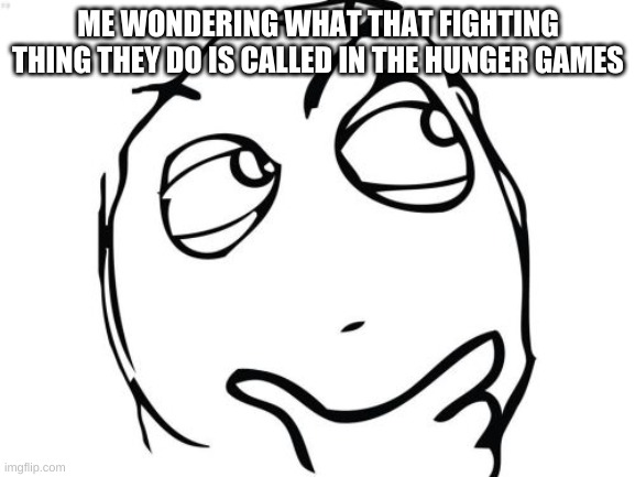 hmm | ME WONDERING WHAT THAT FIGHTING THING THEY DO IS CALLED IN THE HUNGER GAMES | image tagged in memes,question rage face | made w/ Imgflip meme maker