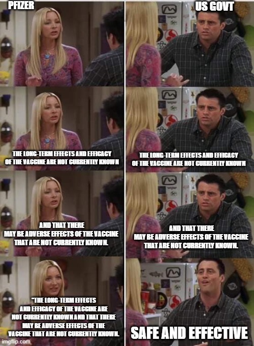 Phoebe Joey | PFIZER; US GOVT; THE LONG-TERM EFFECTS AND EFFICACY OF THE VACCINE ARE NOT CURRENTLY KNOWN; THE LONG-TERM EFFECTS AND EFFICACY OF THE VACCINE ARE NOT CURRENTLY KNOWN; AND THAT THERE
MAY BE ADVERSE EFFECTS OF THE VACCINE THAT ARE NOT CURRENTLY KNOWN. AND THAT THERE
MAY BE ADVERSE EFFECTS OF THE VACCINE THAT ARE NOT CURRENTLY KNOWN. "THE LONG-TERM EFFECTS AND EFFICACY OF THE VACCINE ARE NOT CURRENTLY KNOWN AND THAT THERE
MAY BE ADVERSE EFFECTS OF THE VACCINE THAT ARE NOT CURRENTLY KNOWN. SAFE AND EFFECTIVE | image tagged in phoebe joey | made w/ Imgflip meme maker