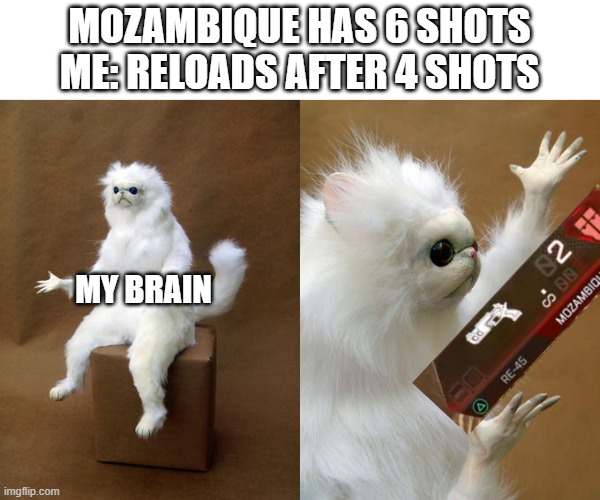 Persian Cat Room Guardian Meme | MOZAMBIQUE HAS 6 SHOTS
ME: RELOADS AFTER 4 SHOTS; MY BRAIN | image tagged in memes,apex legends | made w/ Imgflip meme maker