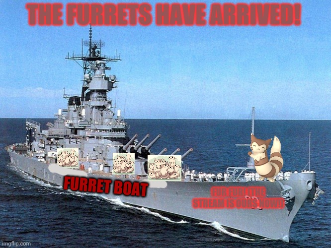 Furret invasion | THE FURRETS HAVE ARRIVED! FUR FUR! [THE STREAM IS OURS NOW!]; FURRET BOAT | image tagged in battleship,furret,pokemon,cute animals,anime | made w/ Imgflip meme maker