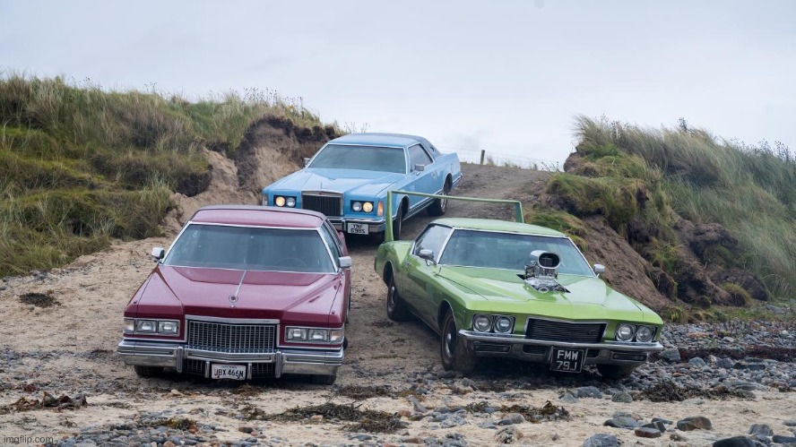 the grand tour: richard hammond's buick riviera boattail, jeremy's lincoln contenental mark V, and james may's caddilac coupe de | image tagged in the grand tour | made w/ Imgflip meme maker