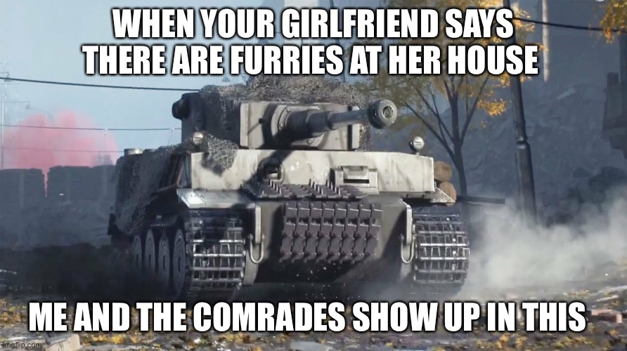 End honry | WHEN YOUR GIRLFRIEND SAYS THERE ARE FURRIES AT HER HOUSE; ME AND THE COMRADES SHOW UP IN THIS | image tagged in tiger 237 | made w/ Imgflip meme maker
