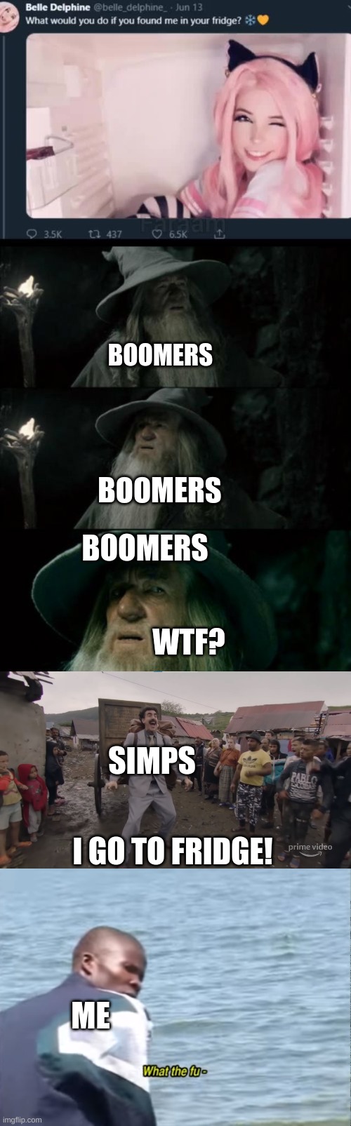 ... | BOOMERS; BOOMERS; BOOMERS; WTF? SIMPS; I GO TO FRIDGE! ME | image tagged in memes,confused gandalf,i go to america,what the fu- | made w/ Imgflip meme maker