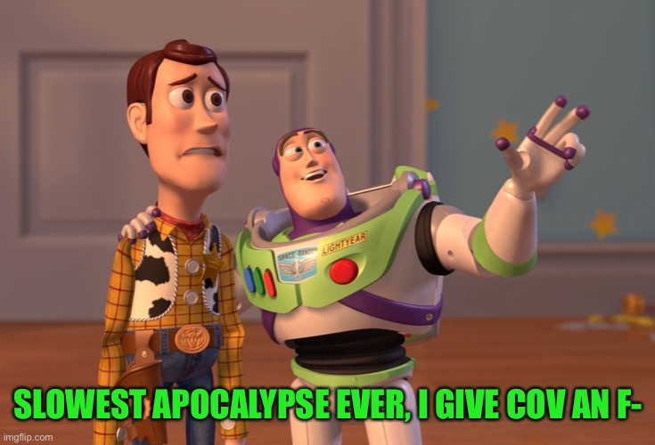 X, X Everywhere Meme | SLOWEST APOCALYPSE EVER, I GIVE COV AN F- | image tagged in memes,x x everywhere | made w/ Imgflip meme maker