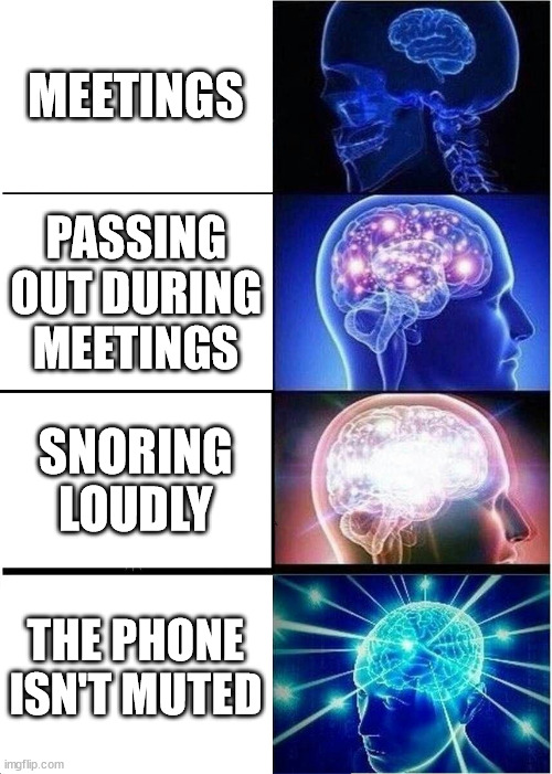 Antidepressants + Augments make you sleepy | MEETINGS; PASSING OUT DURING MEETINGS; SNORING LOUDLY; THE PHONE ISN'T MUTED | image tagged in memes,expanding brain,meetings,snoring | made w/ Imgflip meme maker