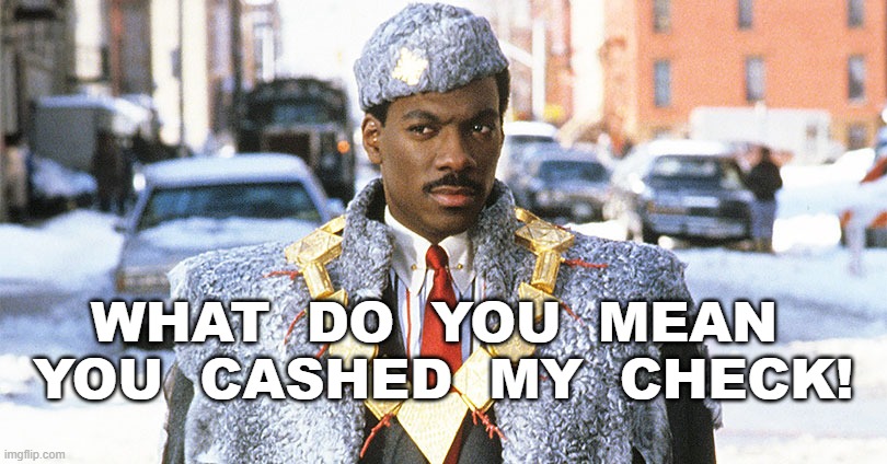 Prince Email | WHAT  DO  YOU  MEAN  YOU  CASHED  MY  CHECK! | image tagged in money for you | made w/ Imgflip meme maker