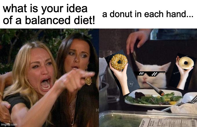 balanced diet | what is your idea of a balanced diet! a donut in each hand... | image tagged in memes,woman yelling at cat | made w/ Imgflip meme maker