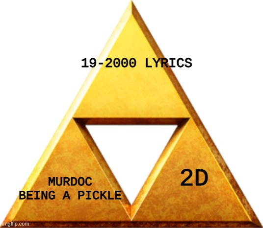 The Triforce of Gorillaz Memes | 19-2000 LYRICS; MURDOC BEING A PICKLE; 2D | image tagged in triforce of things | made w/ Imgflip meme maker