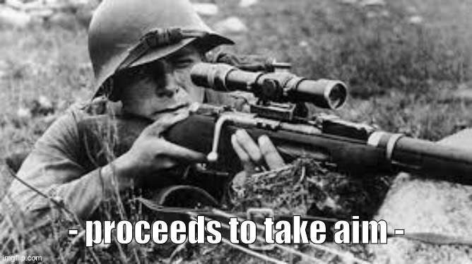 ww2 sniper | - proceeds to take aim - | image tagged in ww2 sniper | made w/ Imgflip meme maker