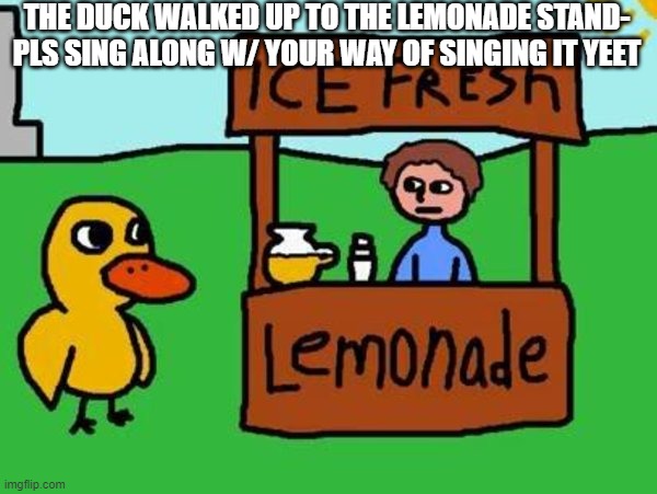yeet | THE DUCK WALKED UP TO THE LEMONADE STAND-
PLS SING ALONG W/ YOUR WAY OF SINGING IT YEET | image tagged in the duck song | made w/ Imgflip meme maker