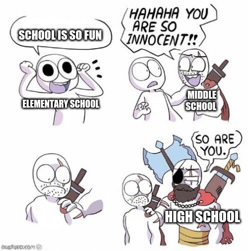 You are so innocent | SCHOOL IS SO FUN; MIDDLE SCHOOL; ELEMENTARY SCHOOL; HIGH SCHOOL | image tagged in you are so innocent | made w/ Imgflip meme maker