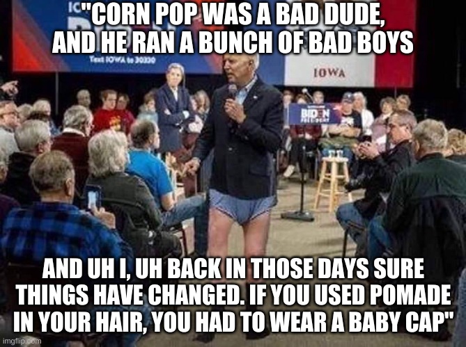 He really did say that. And you still elected him. How sad :( | "CORN POP WAS A BAD DUDE, AND HE RAN A BUNCH OF BAD BOYS; AND UH I, UH BACK IN THOSE DAYS SURE THINGS HAVE CHANGED. IF YOU USED POMADE IN YOUR HAIR, YOU HAD TO WEAR A BABY CAP" | image tagged in joe biden | made w/ Imgflip meme maker