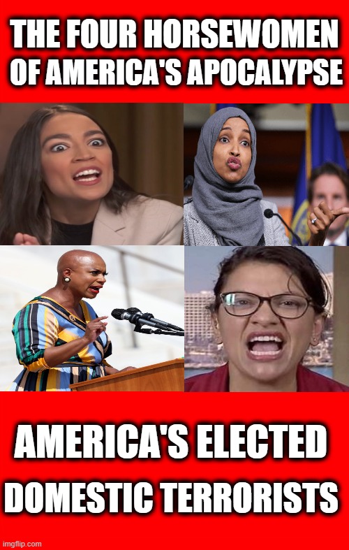 AMERICA'S ELECTED DOMESTIC TERRORISTS  THE FOUR HORSEWOMEN OF AMERICA'S APOCALYPSE | OF AMERICA'S APOCALYPSE; THE FOUR HORSEWOMEN; AMERICA'S ELECTED; DOMESTIC TERRORISTS | image tagged in bigass red blank template,the squad domestic terrorists,omar,tlaib,pressely | made w/ Imgflip meme maker