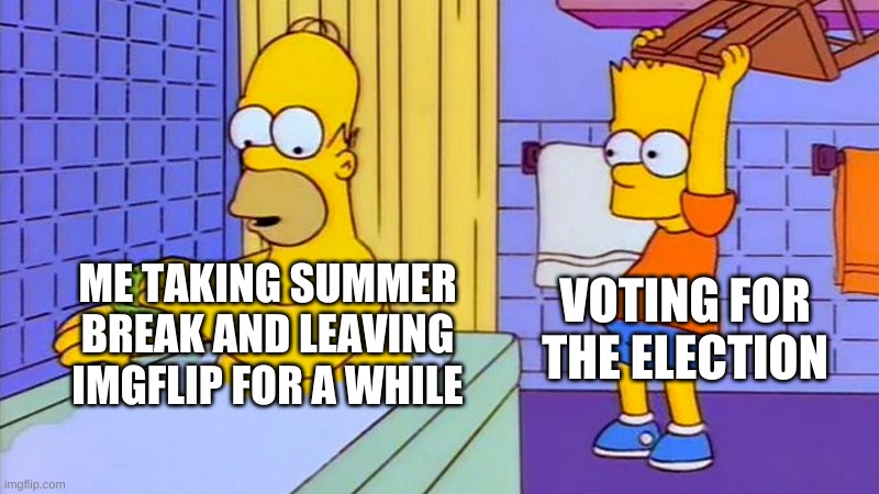 please tell me the canidates and their pros and cons | VOTING FOR THE ELECTION; ME TAKING SUMMER BREAK AND LEAVING IMGFLIP FOR A WHILE | image tagged in bart hitting homer with a chair | made w/ Imgflip meme maker