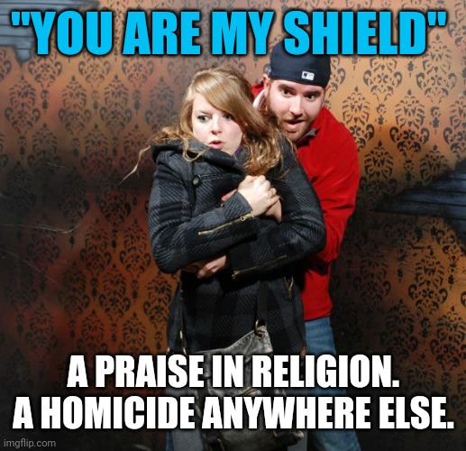 Well this is true. | "YOU ARE MY SHIELD"; A PRAISE IN RELIGION.
A HOMICIDE ANYWHERE ELSE. | image tagged in funny,wtf,religion,god,context,dark humor | made w/ Imgflip meme maker
