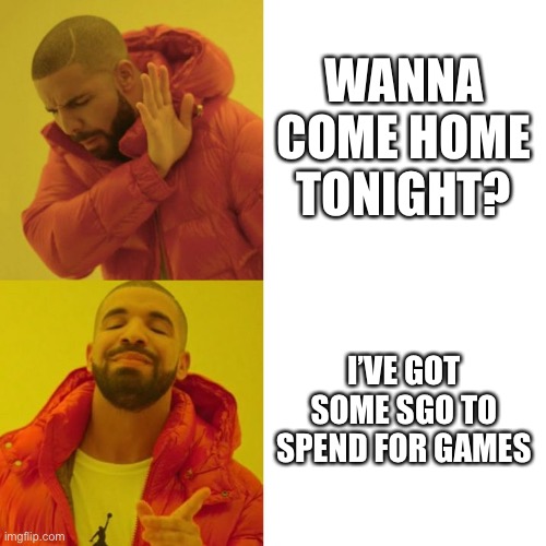 Drake Blank | WANNA COME HOME TONIGHT? I’VE GOT SOME SGO TO SPEND FOR GAMES | image tagged in drake blank | made w/ Imgflip meme maker