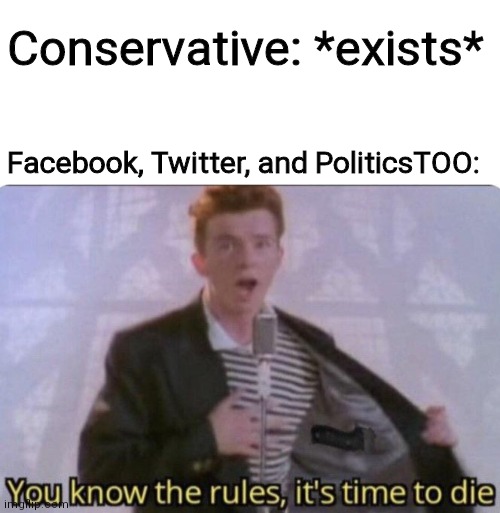 PoliticsTOO | Conservative: *exists*; Facebook, Twitter, and PoliticsTOO: | image tagged in blank square,you know the rules its time to die | made w/ Imgflip meme maker