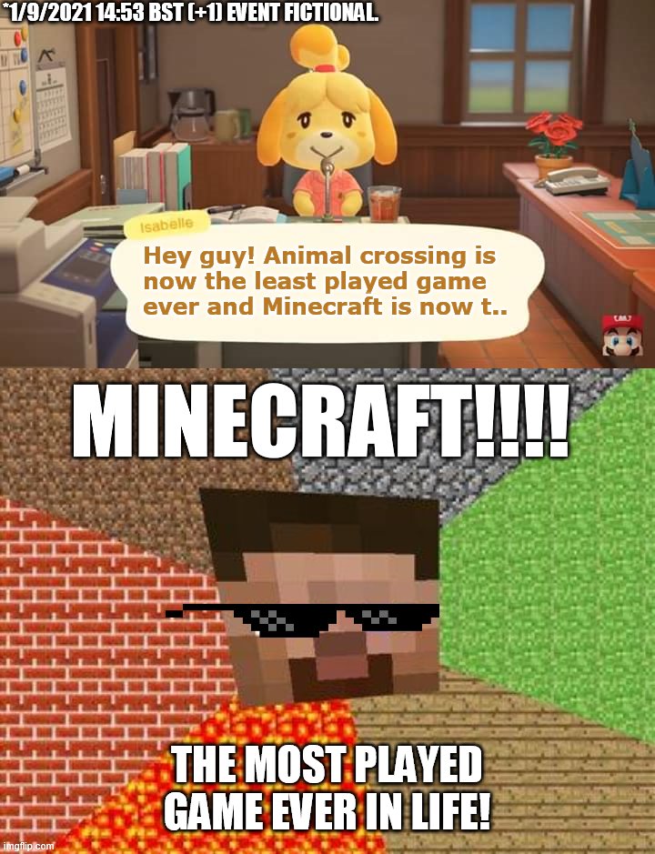 If Minecraft was the No.1 most played game ever? | *1/9/2021 14:53 BST (+1) EVENT FICTIONAL. Hey guy! Animal crossing is
now the least played game
ever and Minecraft is now t.. MINECRAFT!!!! THE MOST PLAYED GAME EVER IN LIFE! | image tagged in isabelle animal crossing announcement,minecraft steve | made w/ Imgflip meme maker